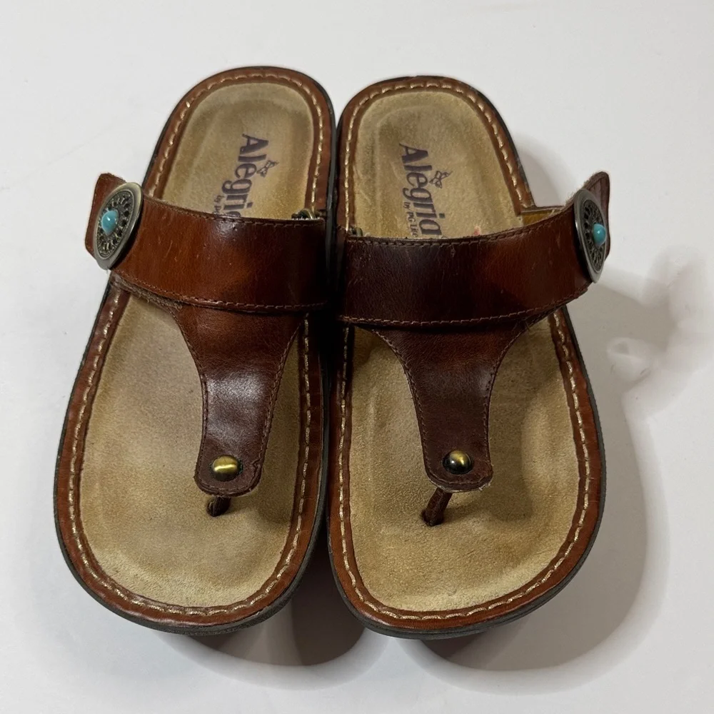 Alegria Carina Brown Leather Thong Sandals with Turquoise Detail